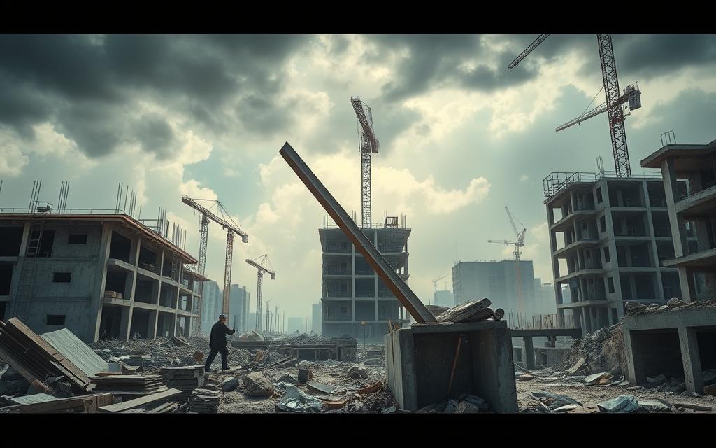 A construction site in disarray, with unfinished structures, scattered debris, and workers navigating hazardous conditions. In the foreground, a worker narrowly avoids a collapsing beam, highlighting the risks inherent in poor project execution. The middle ground features partially built walls, exposed wiring, and crumbling foundations, conveying a sense of incompletion and danger. The background is shrouded in an ominous atmosphere, with ominous storm clouds looming overhead, casting long shadows across the scene. The lighting is harsh, creating deep contrasts and emphasizing the perilous nature of the environment. The overall composition evokes a sense of unease and the consequences of neglecting critical aspects of the construction process.