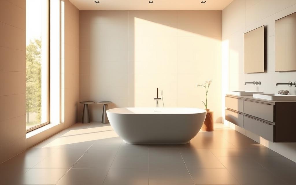 A minimalist and modern bathroom with sleek, monochromatic tiles covering the walls and floor. The space is bathed in warm, natural lighting filtering through a large window, casting a soft glow over the clean, uncluttered design. A freestanding bathtub takes center stage, its simple yet elegant form complementing the minimalist aesthetic. Understated fixtures and vanities in muted tones complete the serene, spa-like ambiance, creating a peaceful and rejuvenating sanctuary.