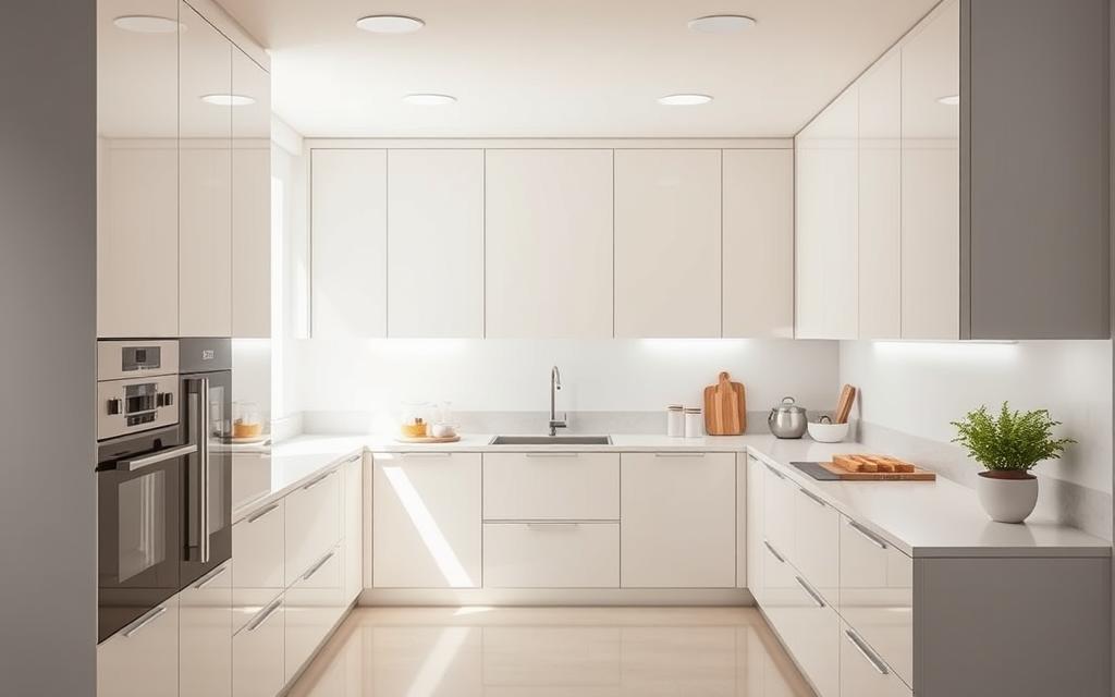 A minimalist, modern kitchen with sleek, light-colored cabinetry and countertops. The design showcases efficient storage solutions and ergonomic layouts that optimize workflow and minimize clutter. Soft, natural lighting illuminates the space, highlighting the clean lines and considered material choices. The overall aesthetic is a harmonious balance of functionality and aesthetic appeal, demonstrating how a well-planned kitchen can deliver both cost-effective and visually appealing results.