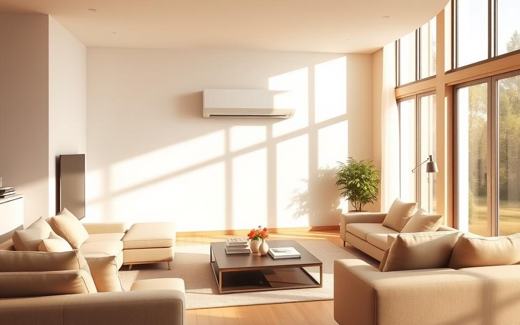 A modern and minimalist living room, with a large, centrally-placed air conditioning unit mounted on the wall. The room is bathed in warm, natural light, streaming in through large windows. Sleek, contemporary furniture in neutral tones create a harmonious, inviting atmosphere. The air conditioning unit is prominently featured, showcasing its design and integration into the overall decor. The scene conveys a sense of comfort and energy efficiency, reflecting the optimal choice of an air conditioning system for this particular living space.