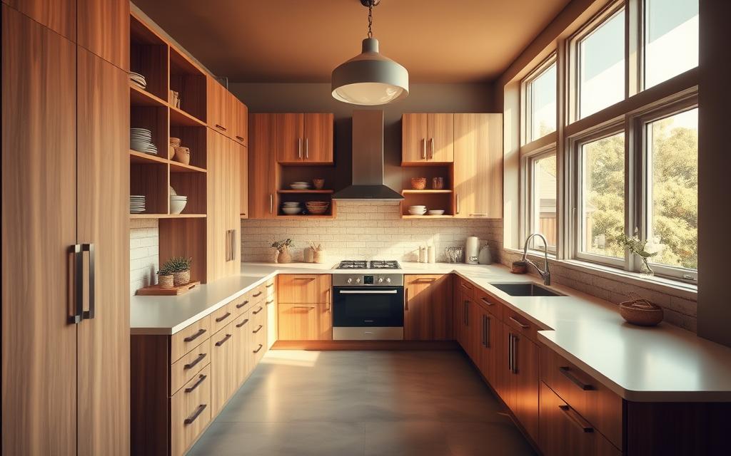 A modern and organized kitchen layout with an abundance of custom-designed cabinets, drawers, and shelves in a warm, earthy color palette. The space is filled with natural light from large windows, casting a soft, inviting glow. Sleek, minimalist countertops in a light, neutral tone provide ample workspace, complemented by a statement pendant light fixture overhead. The layout showcases an efficient and visually appealing arrangement of functional elements, creating a harmonious and inspiring cooking environment.