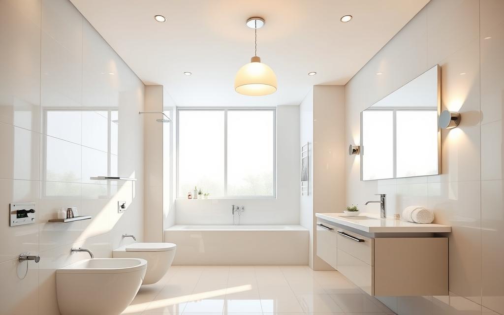 A modern bathroom with sleek, minimalist fixtures and fittings. Bright, even illumination from recessed ceiling lights and wall-mounted sconces casts a warm, inviting glow throughout the space. Polished chrome accents and a large vanity mirror enhance the sense of spaciousness. The tiled floor and walls reflect the light, creating a clean, contemporary atmosphere. A single, elegant pendant light hangs above the vanity, its soft, diffused light complementing the overall lighting scheme. Large windows allow natural daylight to flood the room, blending seamlessly with the artificial lighting. The result is a well-lit, harmonious bathroom that embodies modern design principles.