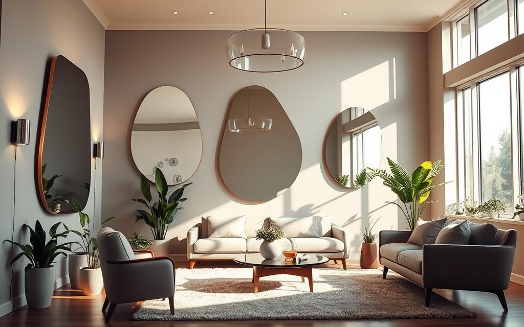A modern living room with sleek, organic-shaped mirrors adorning the walls. The mirrors are made of polished, undulating glass that reflects the soft, warm lighting from subtle sconces and a large, statement pendant. Sunlight streams in through large windows, casting a natural glow and creating a harmonious, serene atmosphere. The room is furnished with minimalist, mid-century inspired pieces in neutral tones, complementing the mirrors' organic forms. Potted plants and a plush, textured rug add depth and natural elements, blending the modern and nature-inspired design. The composition is balanced, highlighting the mirrors as the focal point while maintaining an overall cohesive, welcoming ambiance.