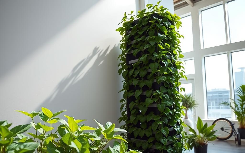 A modern vertical hydroponic garden, lush with verdant foliage cascading down a sleek, minimalist wall. The foreground features an array of flourishing plants, their leaves gently swaying under soft, natural lighting. The middle ground showcases the hydroponic system, with its elegant, streamlined design and carefully arranged grow cups. In the background, a bright, airy room with large windows, allowing ample sunlight to filter in and create a serene, tranquil atmosphere. The overall scene conveys a sense of urban sophistication and a harmonious integration of nature and modern living. A modern vertical hydroponic garden, lush with verdant foliage cascading down a sleek, minimalist wall. The foreground features an array of flourishing plants, their leaves gently swaying under soft, natural lighting. The middle ground showcases the hydroponic system, with its elegant, streamlined design and carefully arranged grow cups. In the background, a bright, airy room with large windows, allowing ample sunlight to filter in and create a serene, tranquil atmosphere. The overall scene conveys a sense of urban sophistication and a harmonious integration of nature and modern living.