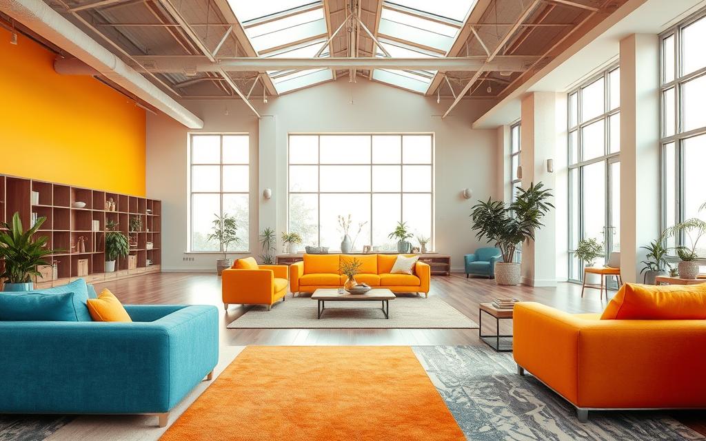A spacious, well-lit interior with vibrant, harmonious colors that visually expand the sense of space. The foreground features a diverse palette of warm and cool tones, including saturated hues of yellow, orange, and blue, strategically placed to draw the eye inward. The middle ground showcases a variety of textures and materials, such as natural wood, muted textiles, and reflective surfaces, creating depth and visual interest. The background subtly fades into a neutral, airy atmosphere, emphasizing the openness and sense of visual expansion. Soft, diffuse lighting from large windows and skylights bathes the scene in a natural, inviting glow, enhancing the illusory effect of spaciousness. The overall composition and color scheme evoke a harmonious, soothing ambiance that visually amplifies the perceived size of the environment.