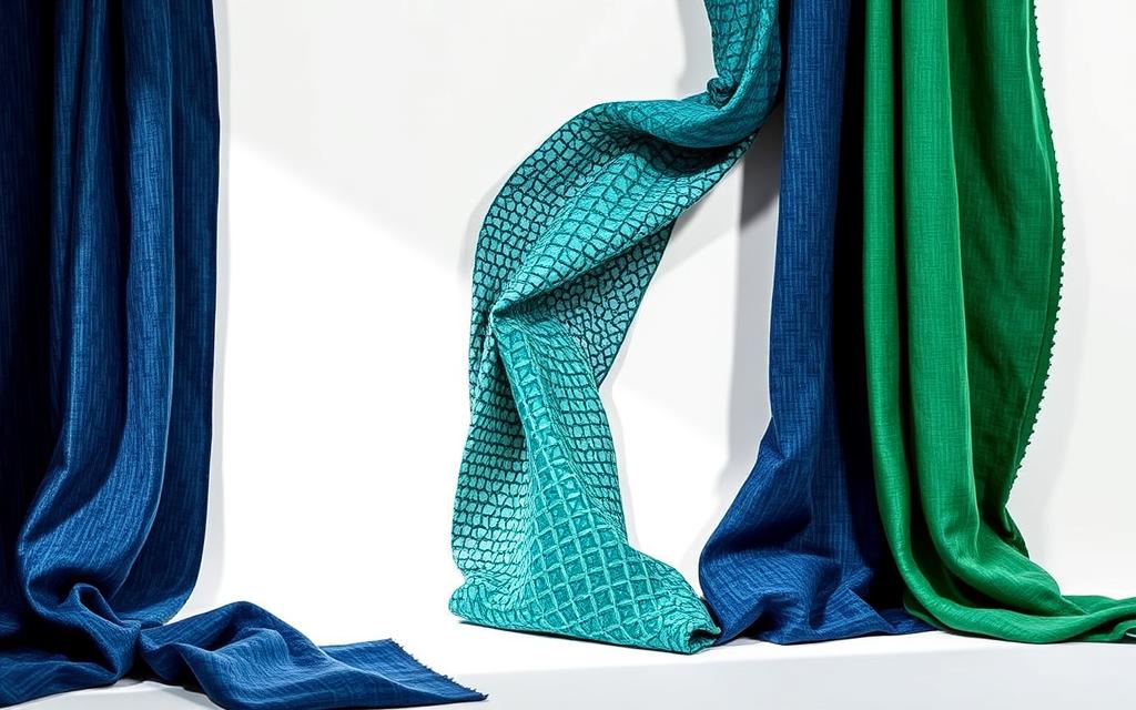 A striking still life of intricately woven recycled PET fabrics, artfully arranged against a minimalist white backdrop. The textiles, in a range of vibrant hues from deep indigo to vivid emerald, display a tactile, eco-friendly quality, their patterns and textures lending a sense of depth and visual intrigue. Soft, diffused lighting from an unseen source casts gentle shadows, highlighting the material's lustrous, sustainable qualities. The overall composition conveys a sense of modern, refined elegance, showcasing how these recycled PET fabrics can elevate and transform contemporary home decor.