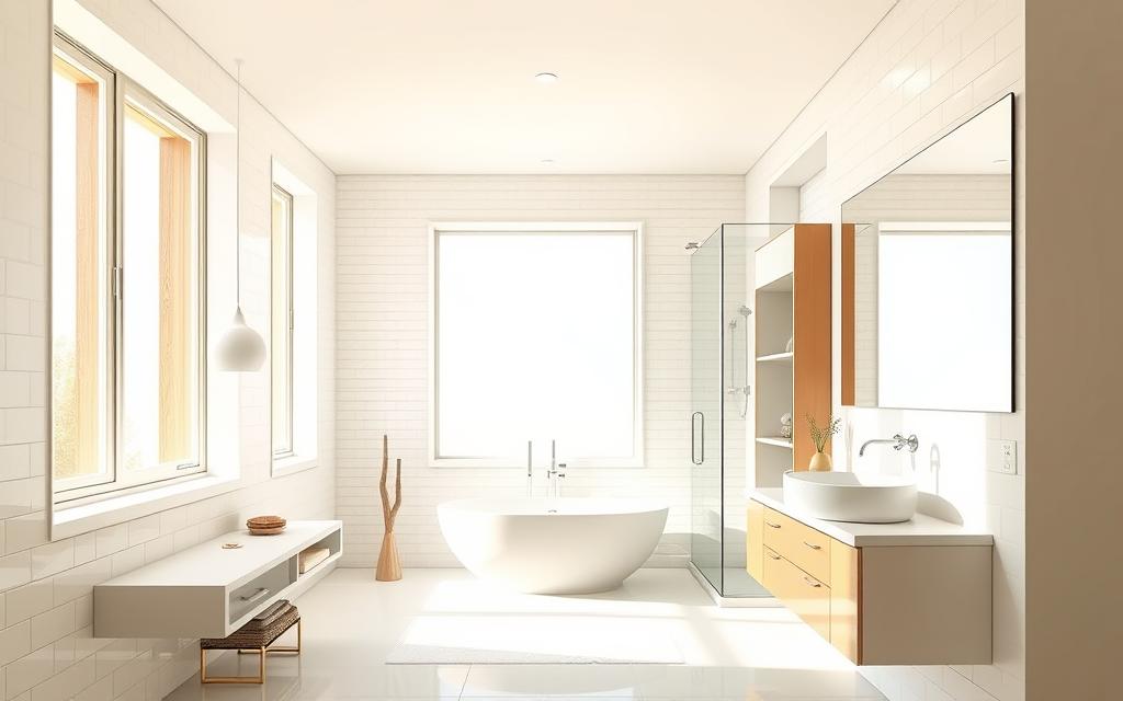 An elegant, spacious bathroom with a minimalist, contemporary aesthetic. The room is flooded with warm, natural light from large windows, creating a serene, airy atmosphere. Sleek, white subway tiles line the walls, reflecting the light and creating a sense of depth. A large, frameless mirror extends the visual space, while a floating vanity with clean lines and a simple vessel sink adds a touch of sophistication. Discreet recessed lighting and a frameless glass shower enclosure contribute to the open, uncluttered feel. Strategically placed shelving and storage solutions maximize the available space, creating an illusion of grandeur in this small but well-designed bathroom. An elegant, spacious bathroom with a minimalist, contemporary aesthetic. The room is flooded with warm, natural light from large windows, creating a serene, airy atmosphere. Sleek, white subway tiles line the walls, reflecting the light and creating a sense of depth. A large, frameless mirror extends the visual space, while a floating vanity with clean lines and a simple vessel sink adds a touch of sophistication. Discreet recessed lighting and a frameless glass shower enclosure contribute to the open, uncluttered feel. Strategically placed shelving and storage solutions maximize the available space, creating an illusion of grandeur in this small but well-designed bathroom.