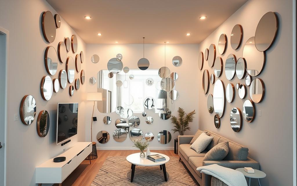 An intimate modern apartment, its walls adorned with organic mirror arrangements in various shapes and sizes, creating a captivating illusion of depth and space. The mirrors are strategically placed to reflect natural light, enhancing the sense of openness in the cozy living area. Soft, diffused lighting from concealed sources casts a warm, inviting glow, while a minimalist, Scandinavian-inspired decor scheme keeps the focus on the mesmerizing mirrored feature wall. The overall atmosphere is one of tranquility and understated elegance, perfectly suited for small urban dwellings.
