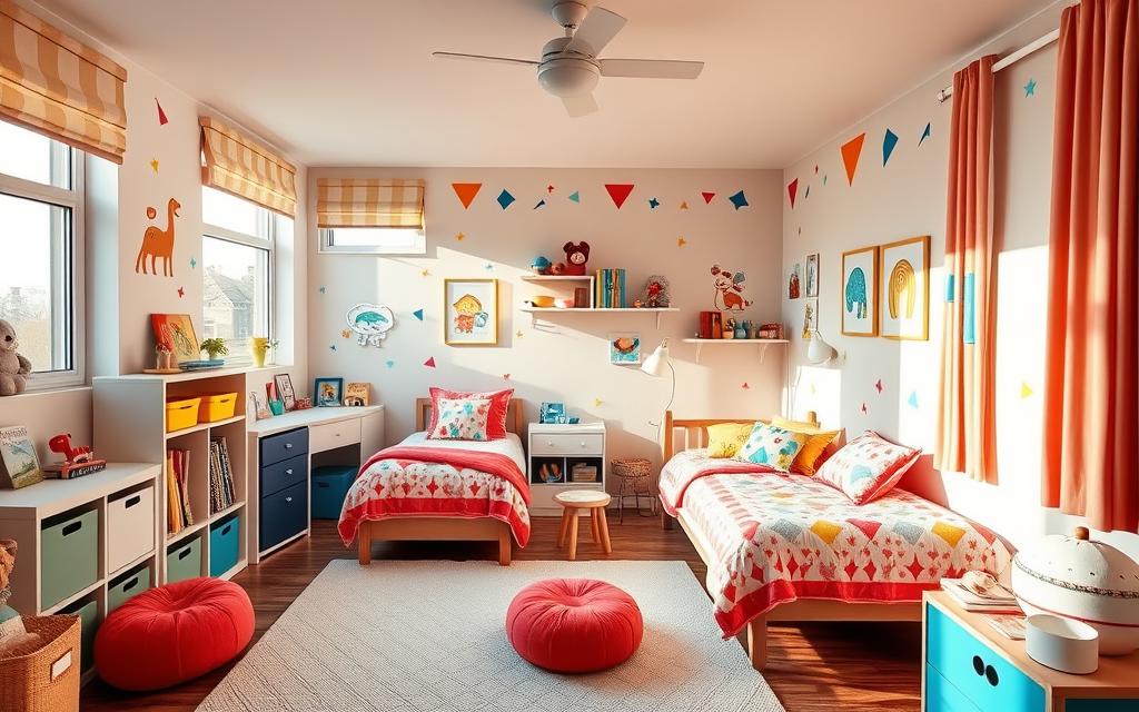 Delightful shared children's bedroom with vibrant, coordinated furnishings and decor. Cozy twin beds with plush bedding nestle beneath large windows, filling the space with warm, natural light. Colorful geometric wall decals and playful animal-themed art adorn the walls. Bookshelves, toy bins, and storage cubbies keep the room organized and tidy. Soft area rug and plush beanbags in the corner create a cozy reading nook. Lively, upbeat atmosphere that encourages creative play and exploration. Photographed with a wide-angle lens to capture the inviting, harmonious design.