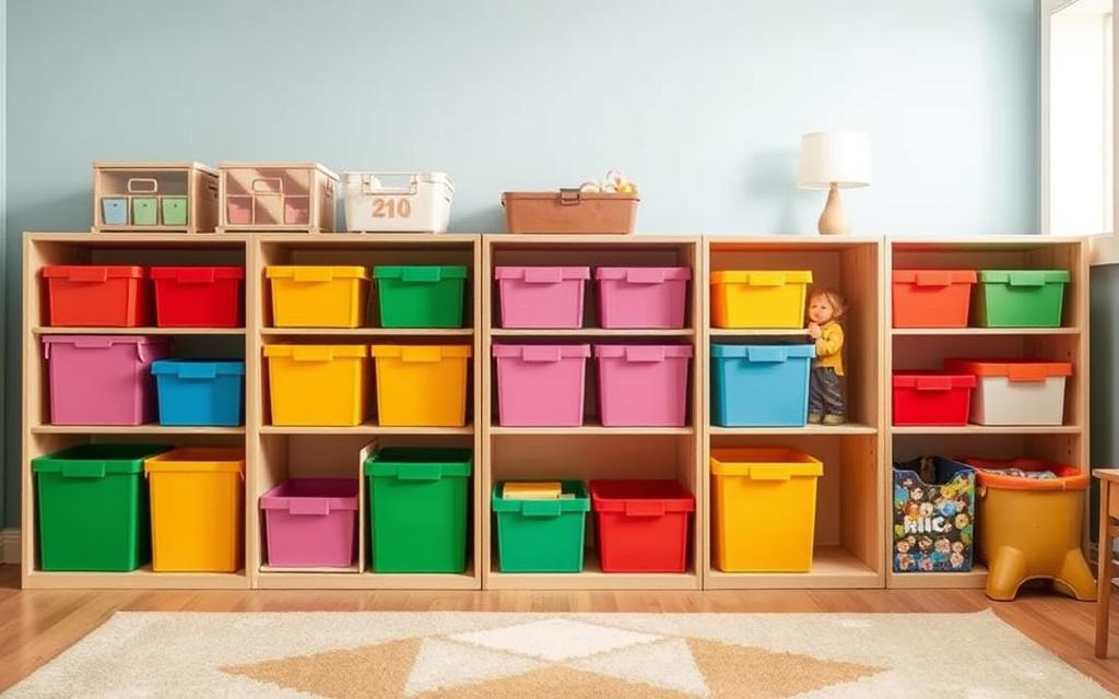 Imagem de um quarto infantil organizado com caixas e prateleiras coloridas.