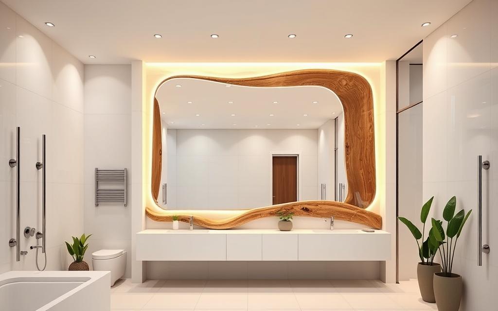 Modern bathroom with organic mirror, featuring a large, frameless mirror made of natural, flowing materials like wood or stone. The mirror is the centerpiece, surrounded by minimalist white tiles and chrome fixtures. Warm, diffused lighting from recessed ceiling lamps creates a spa-like atmosphere. The bathroom has an open, airy layout with ample counter space and a freestanding vanity. Potted plants or other natural elements add a touch of greenery to the space. The overall aesthetic is clean, contemporary, and in harmony with the organic mirror design.