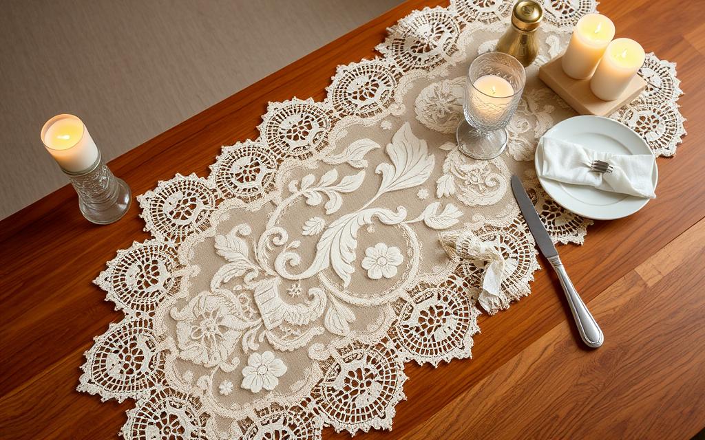 A beautifully arranged decorative table runner lies on a polished wooden table, its intricate patterns and warm colors creating a captivating focal point. The runner is adorned with delicate lace trims, interwoven with subtle shades of beige and cream, lending an air of refined elegance. Elegant candles flicker gently, casting a soft, ambient glow across the setting, complemented by the gleam of polished silverware and fine china. The arrangement is framed by a subtly textured, neutral background, allowing the table setting to take center stage and create a harmonious, sophisticated atmosphere.
