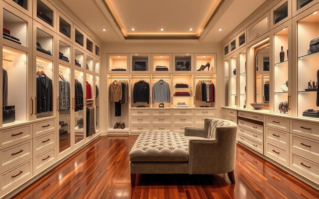 A luxurious and meticulously designed walk-in closet, the centerpiece of a grand Virginia Fonseca residence. Illuminated by soft, warm lighting that accentuates the premium finishes - gleaming hardwood floors, sleek lacquered cabinetry, and plush velvet-upholstered seating. Elegant glass-front displays showcase a curated collection of designer garments and accessories, while a spacious vanity area offers a serene space for grooming. The closet exudes an air of refined sophistication, a reflection of the owner's impeccable taste and attention to detail.