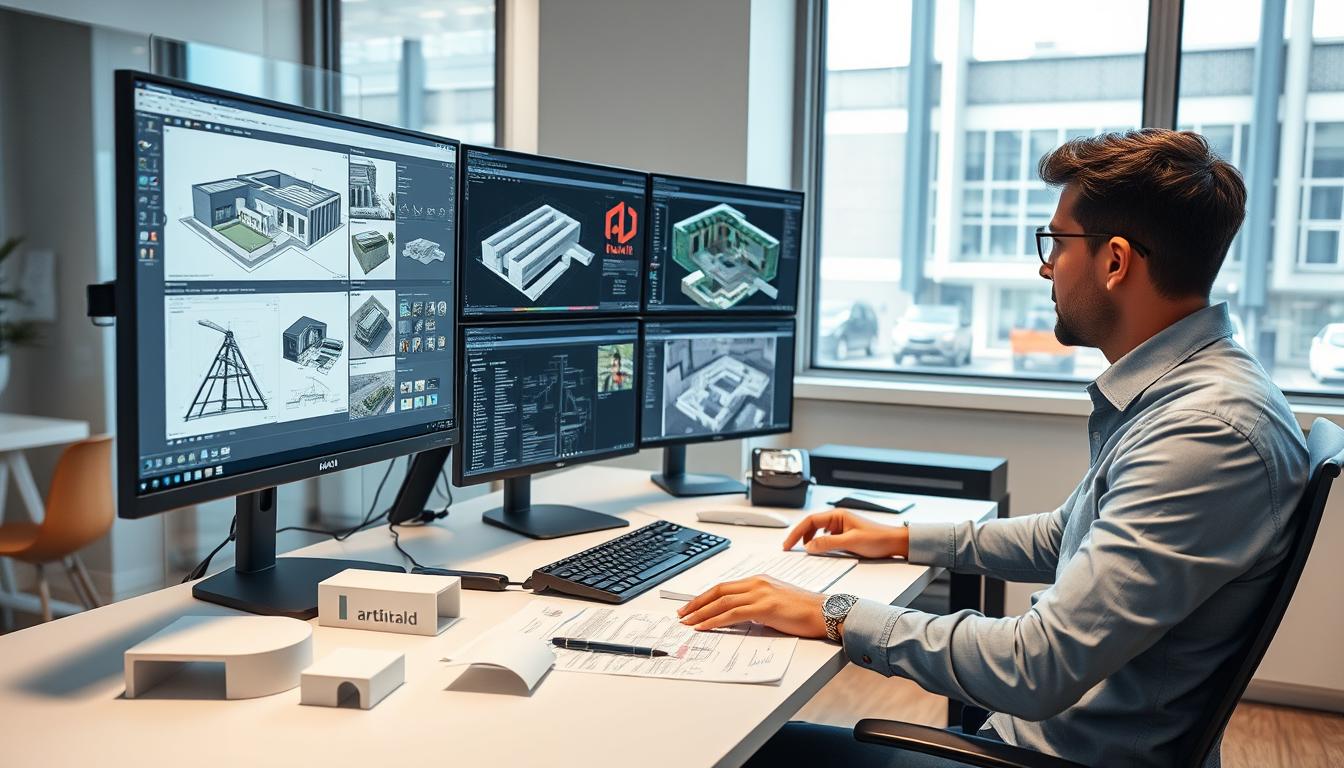 Arquiteto trabalhando em projetos usando os melhores cursos para arquitetos em seu computador