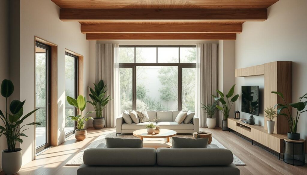 Sustainable interior design that embodies natural lightness: a modern, minimalist living space featuring natural wood accents, lush potted plants, and warm earthy tones. The room is bathed in soft, diffused natural lighting, creating a calming, serene atmosphere. A large window opens to the outdoors, blurring the boundary between interior and exterior. Sleek, clean-lined furniture complements the organic textures and materials, resulting in a harmonious, nature-inspired aesthetic. The overall design conveys a sense of harmony, simplicity, and environmental consciousness.