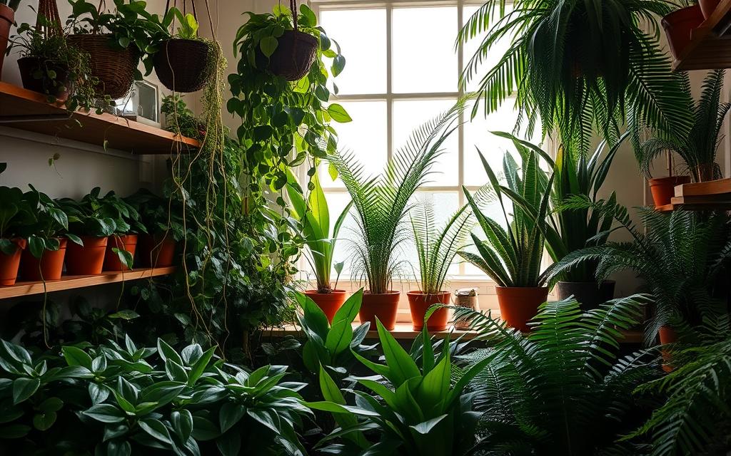 A lush indoor garden filled with a variety of low-light tolerant houseplants. In the foreground, a cluster of compact, glossy-leaved succulents and ferns thriving in the soft, diffused lighting. Trailing vines of pothos and philodendrons cascade from hanging baskets, their leaves casting delicate shadows on the wooden shelves below. Towards the middle, a tall, stately ZZ plant and a bushy, feathery-leaved asparagus fern stand tall, their deep green hues complementing the earthy tones of the terracotta pots. In the background, the scene is framed by the warm glow of a large window, allowing just enough natural light to nurture this low-maintenance, flourishing indoor oasis. A lush indoor garden filled with a variety of low-light tolerant houseplants. In the foreground, a cluster of compact, glossy-leaved succulents and ferns thriving in the soft, diffused lighting. Trailing vines of pothos and philodendrons cascade from hanging baskets, their leaves casting delicate shadows on the wooden shelves below. Towards the middle, a tall, stately ZZ plant and a bushy, feathery-leaved asparagus fern stand tall, their deep green hues complementing the earthy tones of the terracotta pots. In the background, the scene is framed by the warm glow of a large window, allowing just enough natural light to nurture this low-maintenance, flourishing indoor oasis.