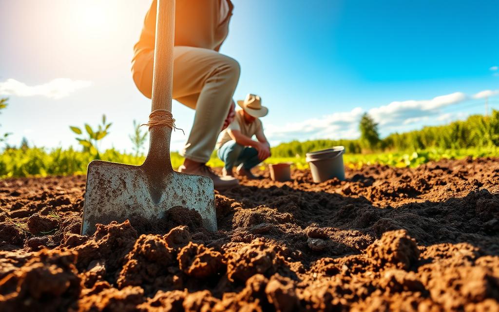 A lush, sun-drenched garden scene with a farmer meticulously tilling the soil, preparing the earth for vibrant, resilient plants. In the foreground, a weathered, calloused hand digs deep into the rich, dark soil, turning and aerating it with a well-worn hoe. Nearby, a bucket of organic fertilizer waits to be incorporated, nourishing the soil. In the middle ground, the farmer kneels, carefully inspecting the tilth and texture, ensuring optimal conditions for healthy plant growth. The background features a cloudless, azure sky, with the warm rays of the sun casting a golden glow over the scene, illuminating the diligent work. Warm, earthy tones and textures permeate the image, conveying a sense of natural harmony and the vitality of the soil-plant relationship. A lush, sun-drenched garden scene with a farmer meticulously tilling the soil, preparing the earth for vibrant, resilient plants. In the foreground, a weathered, calloused hand digs deep into the rich, dark soil, turning and aerating it with a well-worn hoe. Nearby, a bucket of organic fertilizer waits to be incorporated, nourishing the soil. In the middle ground, the farmer kneels, carefully inspecting the tilth and texture, ensuring optimal conditions for healthy plant growth. The background features a cloudless, azure sky, with the warm rays of the sun casting a golden glow over the scene, illuminating the diligent work. Warm, earthy tones and textures permeate the image, conveying a sense of natural harmony and the vitality of the soil-plant relationship.