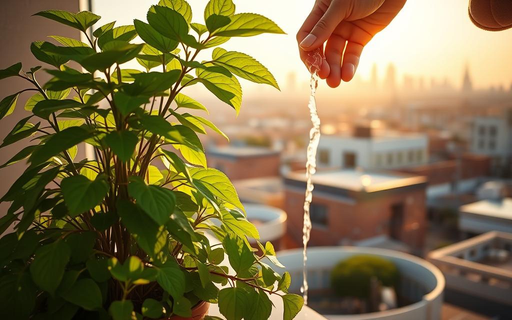 A lush, verdant potted plant thriving on a sun-drenched apartment balcony, its vibrant foliage gently swaying in a soft breeze. A gardener's hand carefully waters the plant, the stream of water glistening in the warm daylight. The background features a panoramic cityscape, with skyscrapers and rooftops visible in the distance, creating a harmonious blend of nature and urban living. The scene is bathed in a soft, golden hour glow, evoking a sense of tranquility and nurturing care. The composition emphasizes the delicate balance required to properly water and maintain a thriving houseplant on a compact apartment balcony. A lush, verdant potted plant thriving on a sun-drenched apartment balcony, its vibrant foliage gently swaying in a soft breeze. A gardener's hand carefully waters the plant, the stream of water glistening in the warm daylight. The background features a panoramic cityscape, with skyscrapers and rooftops visible in the distance, creating a harmonious blend of nature and urban living. The scene is bathed in a soft, golden hour glow, evoking a sense of tranquility and nurturing care. The composition emphasizes the delicate balance required to properly water and maintain a thriving houseplant on a compact apartment balcony.