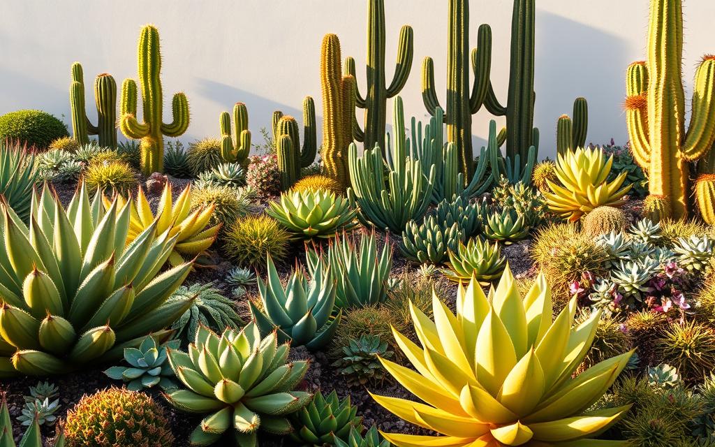 A lush, vibrant display of resilient succulents and cacti in a sun-drenched garden setting. A varied assortment of sculptural, drought-tolerant plants in the foreground, their fleshy leaves and spines capturing the warm, golden light. In the middle ground, a mix of towering, architectural cacti and trailing, rosette-forming succulents, their unique forms and textures creating visual interest. The background features a minimalist, sun-bleached backdrop, allowing the plants to take center stage. Carefully crafted with an eye for natural composition, the overall scene conveys a sense of resilience, adaptability, and the beauty found in hardy, sun-loving flora. A lush, vibrant display of resilient succulents and cacti in a sun-drenched garden setting. A varied assortment of sculptural, drought-tolerant plants in the foreground, their fleshy leaves and spines capturing the warm, golden light. In the middle ground, a mix of towering, architectural cacti and trailing, rosette-forming succulents, their unique forms and textures creating visual interest. The background features a minimalist, sun-bleached backdrop, allowing the plants to take center stage. Carefully crafted with an eye for natural composition, the overall scene conveys a sense of resilience, adaptability, and the beauty found in hardy, sun-loving flora.