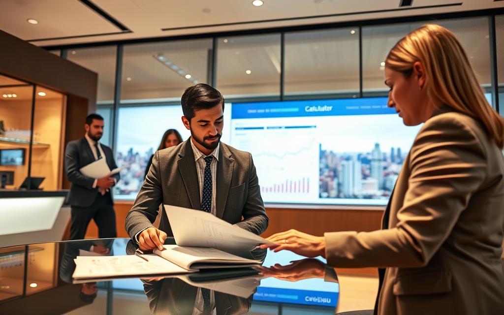 A modern, sleek financial institution with a warm, inviting ambiance. In the foreground, a well-dressed client reviews mortgage documents on a glass table, their expression contemplative. Behind them, a team of financial advisors provides guidance, their faces alight with professionalism. The middle ground features a large digital display, showcasing a mortgage calculator and interactive graphs illustrating the financing process. The background depicts a panoramic view of a vibrant urban skyline, reflecting the dynamic nature of the real estate market. Soft, directional lighting casts a sophisticated glow, while the overall composition conveys a sense of trust, transparency, and the pursuit of financial security. A modern, sleek financial institution with a warm, inviting ambiance. In the foreground, a well-dressed client reviews mortgage documents on a glass table, their expression contemplative. Behind them, a team of financial advisors provides guidance, their faces alight with professionalism. The middle ground features a large digital display, showcasing a mortgage calculator and interactive graphs illustrating the financing process. The background depicts a panoramic view of a vibrant urban skyline, reflecting the dynamic nature of the real estate market. Soft, directional lighting casts a sophisticated glow, while the overall composition conveys a sense of trust, transparency, and the pursuit of financial security.