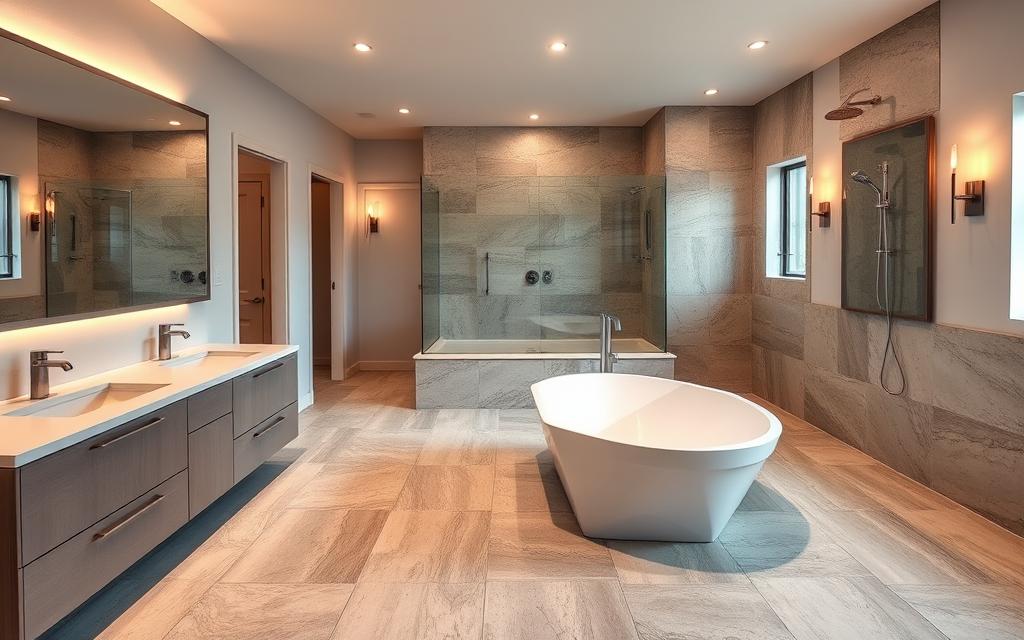 A spacious, modern bathroom undergoing a complete renovation. The foreground features a sleek, minimalist vanity with integrated sinks, brushed metal fixtures, and a large, backlit mirror. The middle ground showcases a freestanding bathtub with a modern, geometric design, surrounded by exquisite natural stone tiles in a soothing, earthy palette. In the background, a large, walk-in shower with a frameless glass enclosure and a rain shower head takes center stage, complemented by elegant wall sconces providing soft, warm lighting. The overall atmosphere exudes a sense of luxury, functionality, and timeless elegance. A spacious, modern bathroom undergoing a complete renovation. The foreground features a sleek, minimalist vanity with integrated sinks, brushed metal fixtures, and a large, backlit mirror. The middle ground showcases a freestanding bathtub with a modern, geometric design, surrounded by exquisite natural stone tiles in a soothing, earthy palette. In the background, a large, walk-in shower with a frameless glass enclosure and a rain shower head takes center stage, complemented by elegant wall sconces providing soft, warm lighting. The overall atmosphere exudes a sense of luxury, functionality, and timeless elegance.