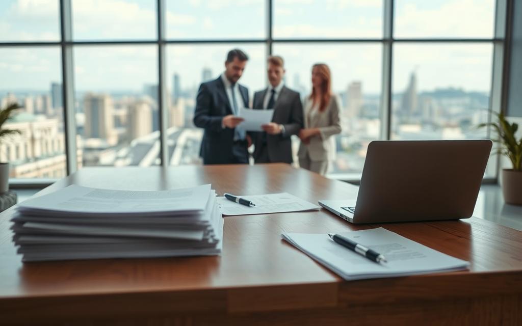 A spacious, well-lit interior with a large wooden desk in the foreground, featuring stacks of documents, a laptop, and a pen. In the middle ground, a person in formal attire, likely a real estate agent or lawyer, gesturing towards the desk while explaining documents to a couple. The background showcases a panoramic view of a city skyline through large windows, conveying a professional, modern office setting. The scene is bathed in soft, diffused lighting, creating a sense of clarity and focus on the central transaction. The overall atmosphere is one of a measured, methodical real estate transfer process. A spacious, well-lit interior with a large wooden desk in the foreground, featuring stacks of documents, a laptop, and a pen. In the middle ground, a person in formal attire, likely a real estate agent or lawyer, gesturing towards the desk while explaining documents to a couple. The background showcases a panoramic view of a city skyline through large windows, conveying a professional, modern office setting. The scene is bathed in soft, diffused lighting, creating a sense of clarity and focus on the central transaction. The overall atmosphere is one of a measured, methodical real estate transfer process.