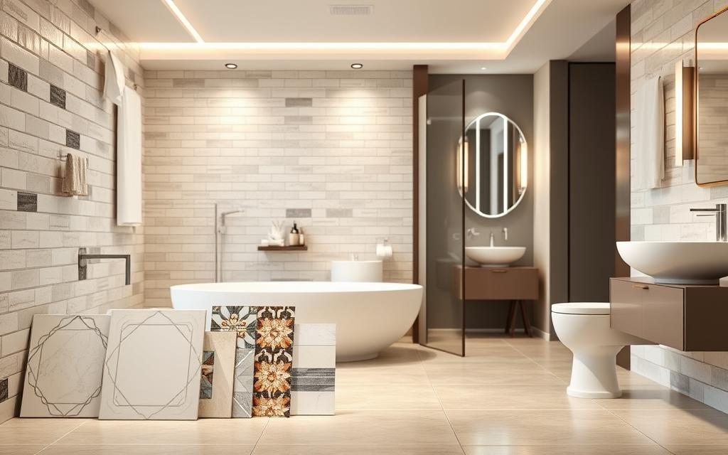 A well-lit bathroom interior, showcasing a variety of bathroom adhesive tiles in different shapes, sizes, and patterns. The foreground features several decorative bathroom adhesive tiles in various colors and textures, such as marble, stone, and ceramic, artfully arranged to demonstrate their versatility. The middle ground showcases a selection of adhesive tiles with different application methods, including peel-and-stick and water-activated options. The background depicts a sleek, modern bathroom setting with minimalist fixtures and a neutral color palette, highlighting how the adhesive tiles can seamlessly integrate into different design styles. The lighting is bright and even, accentuating the details and reflective qualities of the tiles. The overall mood is one of sophistication, practicality, and design inspiration.