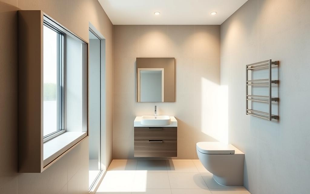 A well-organized and spacious bathroom with a sleek, minimalist design. In the foreground, a large, rectangular mirror with a thin, brushed metal frame takes center stage, reflecting the natural light flooding in through the nearby window. The mirror is mounted on the wall above a compact, floating vanity unit with clean lines and a modern aesthetic. The middle ground features a neutral, tile-covered floor and walls, creating a calming and uncluttered atmosphere. In the background, a discreet, recessed lighting system casts a warm, even glow, enhancing the sense of openness and airiness in the small but efficient bathroom space.