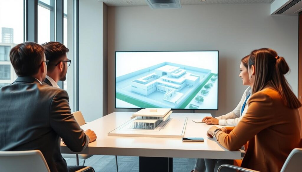 Arquiteto bem-sucedido apresentando projeto para clientes, resultado de investimento nas melhores especializações em arquitetura