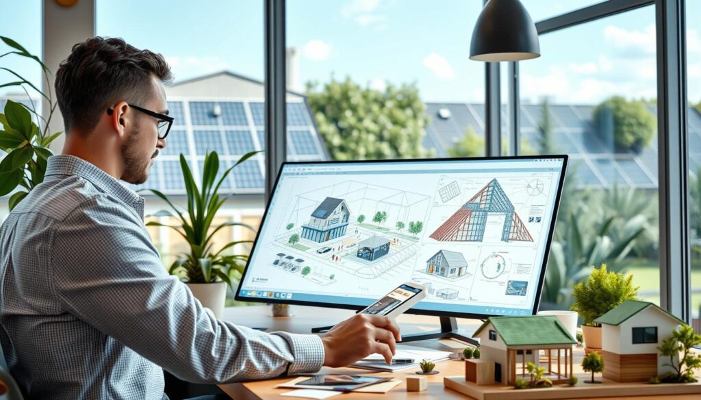 Arquiteto trabalhando em projeto sustentável, representando uma das melhores especializações em arquitetura da atualidade