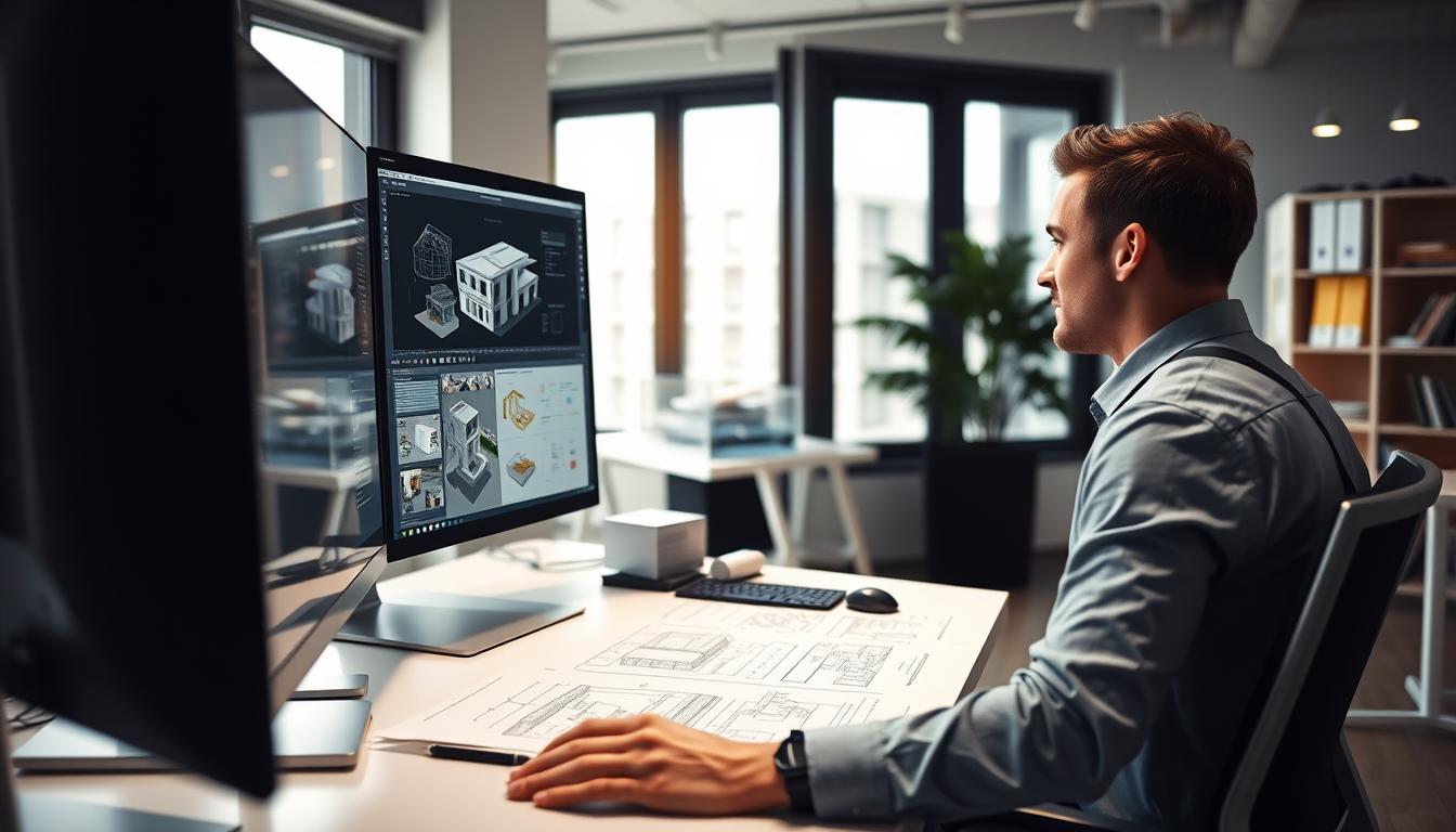 Arquiteto trabalhando em projeto usando software especializado, representando as melhores especializações em arquitetura