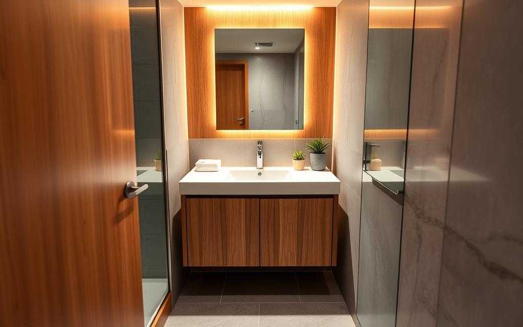 Compact and well-lit bathroom with modern fixtures and natural materials. Warm LED lighting illuminates a wood-paneled vanity with sleek white countertop, complemented by a minimalist mirror. Soft gray tiles cover the floor, creating a cozy and serene ambiance. Subtle decorative accents, such as potted plants, add a touch of nature. The composition emphasizes clean lines, balanced proportions, and a harmonious color palette to produce a spa-like atmosphere suitable for a small bathroom setting.