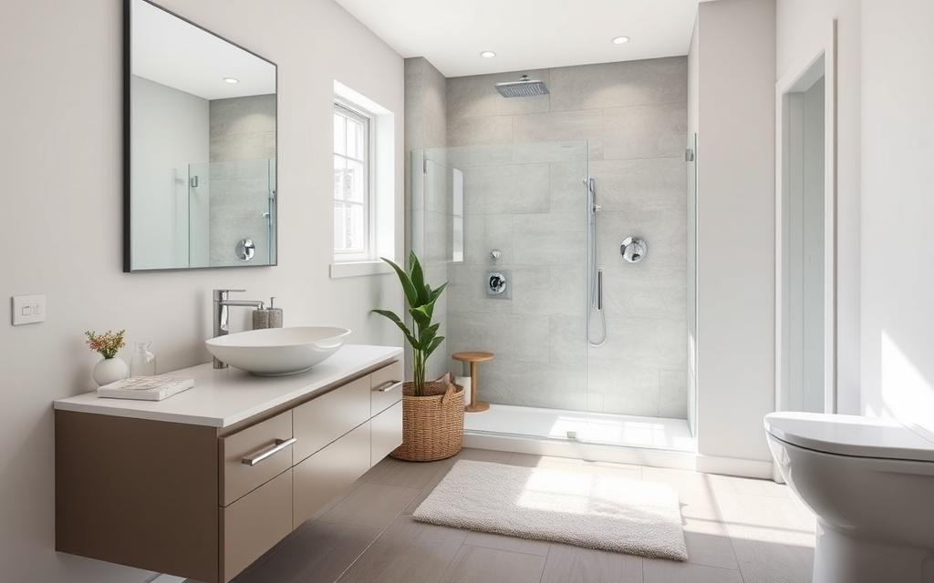 Elegant bathroom interior with modern fixtures and fittings. Bright, natural lighting illuminates a sleek vanity with a vessel sink and chrome hardware. Muted tile flooring leads to a frameless glass shower enclosure, showcasing a rainfall showerhead. Neutral color palette of whites, grays, and natural wood tones creates a serene, spa-like atmosphere. Subtle decorative accents, such as a plush bath mat and potted plant, add refined touches. High-quality materials and thoughtful design showcase a premium, high-end renovation. Elegant bathroom interior with modern fixtures and fittings. Bright, natural lighting illuminates a sleek vanity with a vessel sink and chrome hardware. Muted tile flooring leads to a frameless glass shower enclosure, showcasing a rainfall showerhead. Neutral color palette of whites, grays, and natural wood tones creates a serene, spa-like atmosphere. Subtle decorative accents, such as a plush bath mat and potted plant, add refined touches. High-quality materials and thoughtful design showcase a premium, high-end renovation.