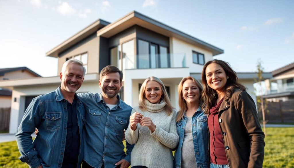 Família feliz recebendo as chaves de sua nova casa construída com planta do inovaplanta.com Família feliz recebendo as chaves de sua nova casa construída com planta do inovaplanta.com