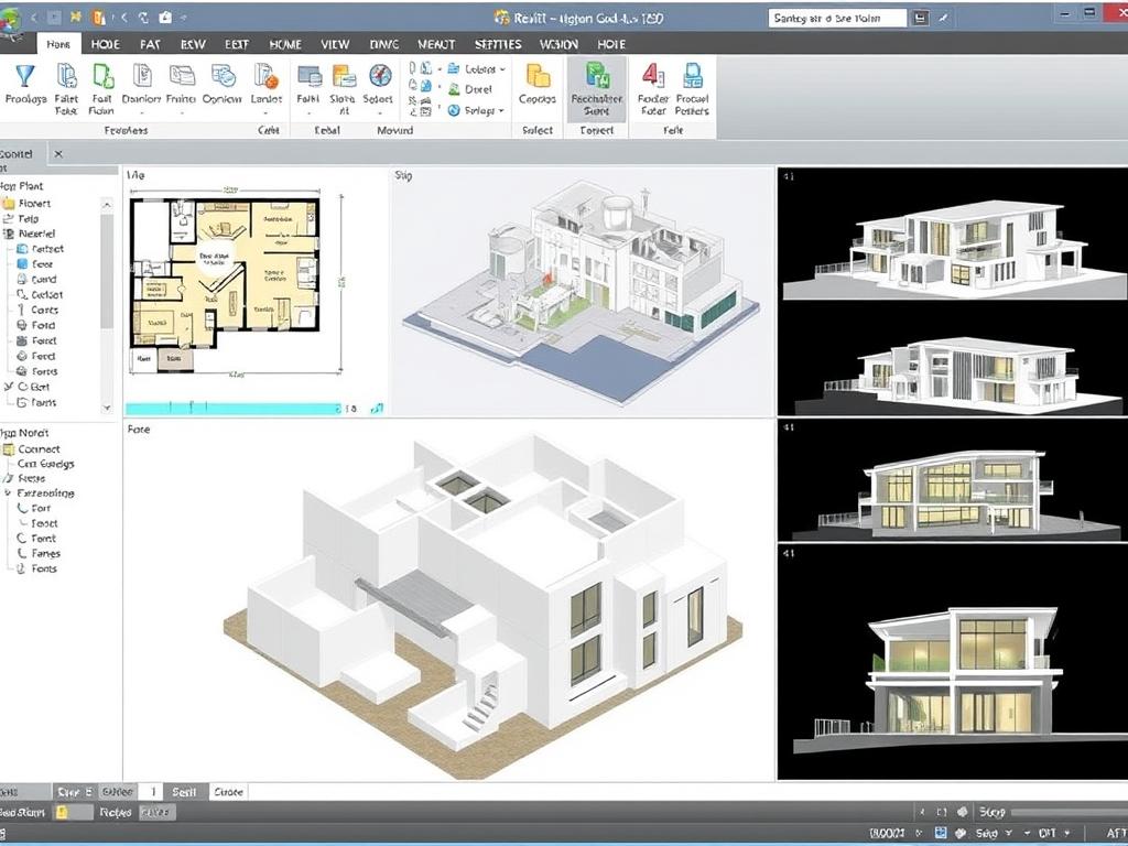 Interface do software Revit mostrando um projeto arquitetônico em 3D, ferramenta essencial para as melhores especializações em arquitetura