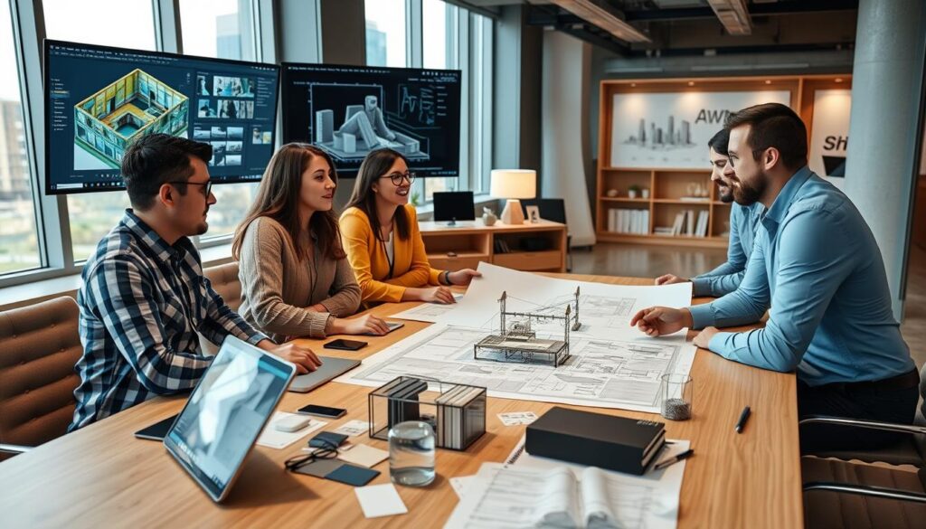 Profissionais de arquitetura colaborando em um projeto usando softwares especializados, representando as melhores especializações em arquitetura