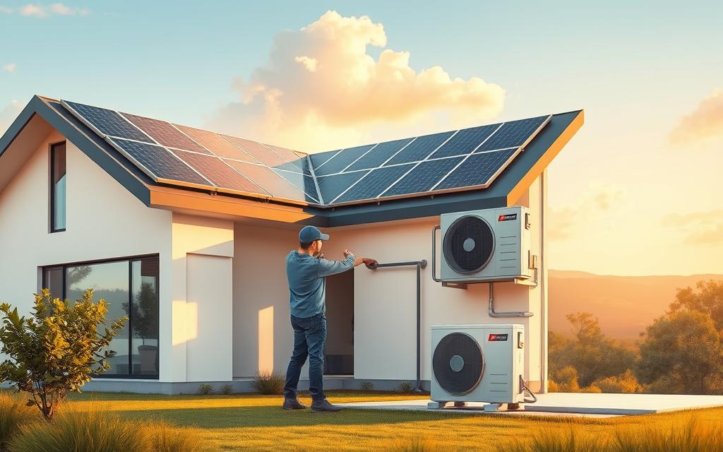 Prompt Detailed illustration of a solar-powered air conditioning system installation. A sleek, modern home set against a serene landscape, with solar panels prominently displayed on the roof. In the foreground, a technician installs the compact outdoor compressor unit, connecting it to the indoor unit through discreet piping. Warm, diffused sunlight filters through the scene, casting soft shadows and highlighting the clean, minimalist design. The system's components are visible but elegantly integrated, showcasing the seamless integration of renewable energy and efficient climate control technology. Prompt Detailed illustration of a solar-powered air conditioning system installation. A sleek, modern home set against a serene landscape, with solar panels prominently displayed on the roof. In the foreground, a technician installs the compact outdoor compressor unit, connecting it to the indoor unit through discreet piping. Warm, diffused sunlight filters through the scene, casting soft shadows and highlighting the clean, minimalist design. The system's components are visible but elegantly integrated, showcasing the seamless integration of renewable energy and efficient climate control technology.