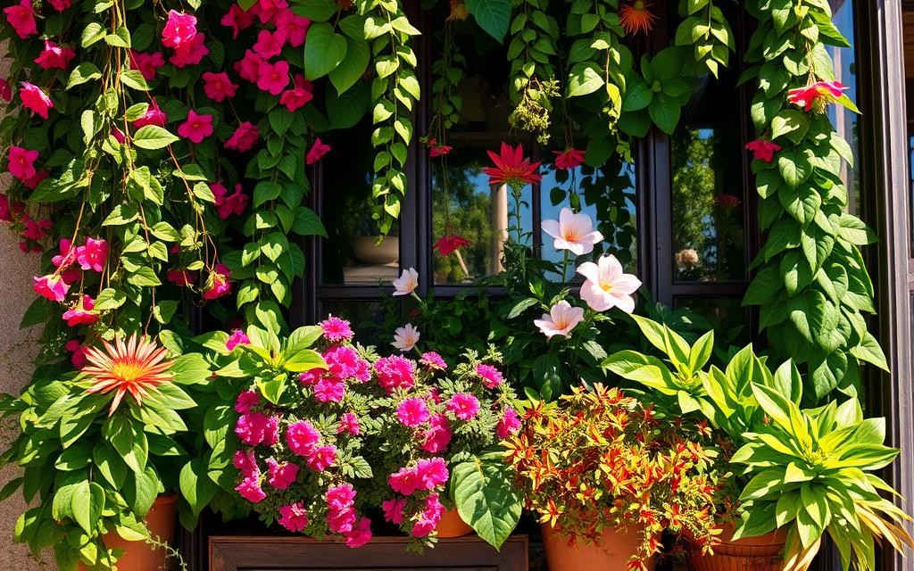 Vibrant sun-loving plants in a lush, well-lit arrangement. Cascading foliage in shades of green, accented by bursts of colorful blooms. Sunlight filters through the canopy, casting a warm, natural glow. Carefully curated composition with a sense of depth and balance. Rustic, earthy tones complement the organic forms. Detailed textures and intricate patterns in the leaves and petals. The scene evokes a serene, tranquil atmosphere, perfect for a cozy apartment balcony. Vibrant sun-loving plants in a lush, well-lit arrangement. Cascading foliage in shades of green, accented by bursts of colorful blooms. Sunlight filters through the canopy, casting a warm, natural glow. Carefully curated composition with a sense of depth and balance. Rustic, earthy tones complement the organic forms. Detailed textures and intricate patterns in the leaves and petals. The scene evokes a serene, tranquil atmosphere, perfect for a cozy apartment balcony.