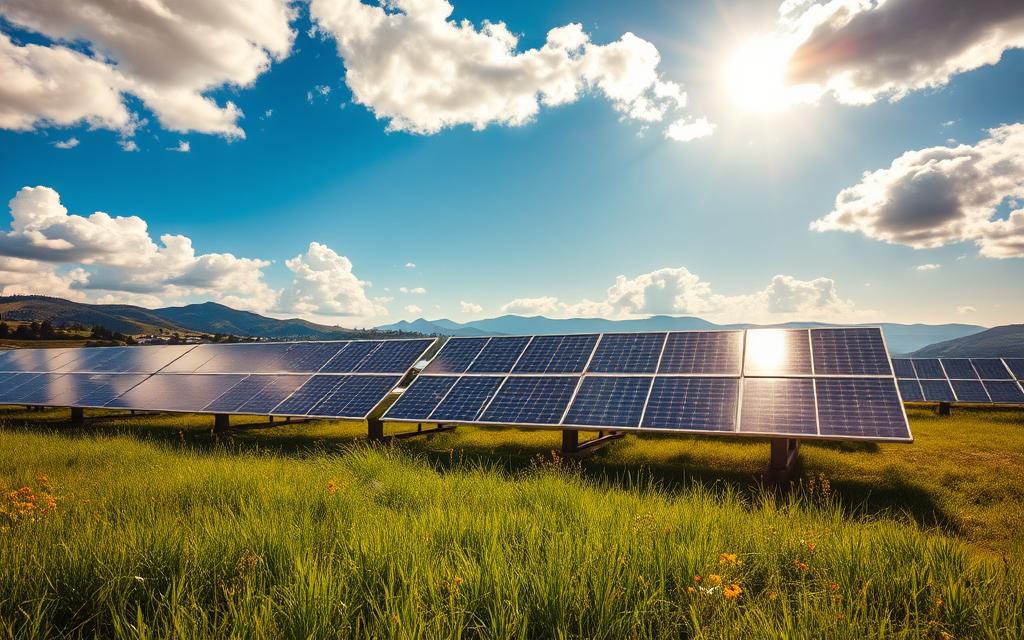 a serene solar panel array glistening in the warm sunlight, with a vibrant blue sky and fluffy white clouds above. the panels are arranged in a symmetrical grid, reflecting the sun's rays and casting gentle shadows on the ground below. in the foreground, a lush, verdant field of grass and wildflowers sways in a light breeze. in the distance, rolling hills and mountains create a picturesque landscape. the scene conveys a sense of clean, renewable energy and the beauty of nature in harmony. a serene solar panel array glistening in the warm sunlight, with a vibrant blue sky and fluffy white clouds above. the panels are arranged in a symmetrical grid, reflecting the sun's rays and casting gentle shadows on the ground below. in the foreground, a lush, verdant field of grass and wildflowers sways in a light breeze. in the distance, rolling hills and mountains create a picturesque landscape. the scene conveys a sense of clean, renewable energy and the beauty of nature in harmony.