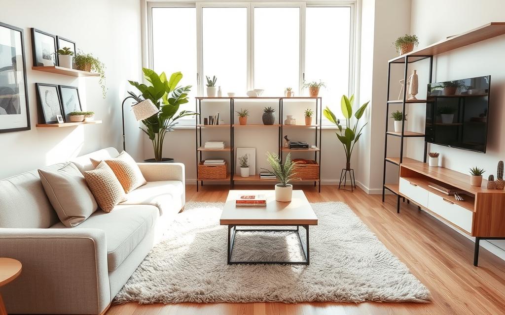 A cozy living room in a small modern apartment, showcasing various interior design styles that work well in compact spaces. The foreground features a minimalist sofa in a neutral tone, accented by throw pillows and a fluffy area rug. In the middle ground, a wooden coffee table is complemented by sleek, space-saving shelves displaying decorative plants and books. The background reveals large windows, allowing natural light to flood the room and create a bright, airy atmosphere. The overall mood is one of serenity and efficient space utilization, highlighting how different decor approaches can be harmoniously combined in a small home.