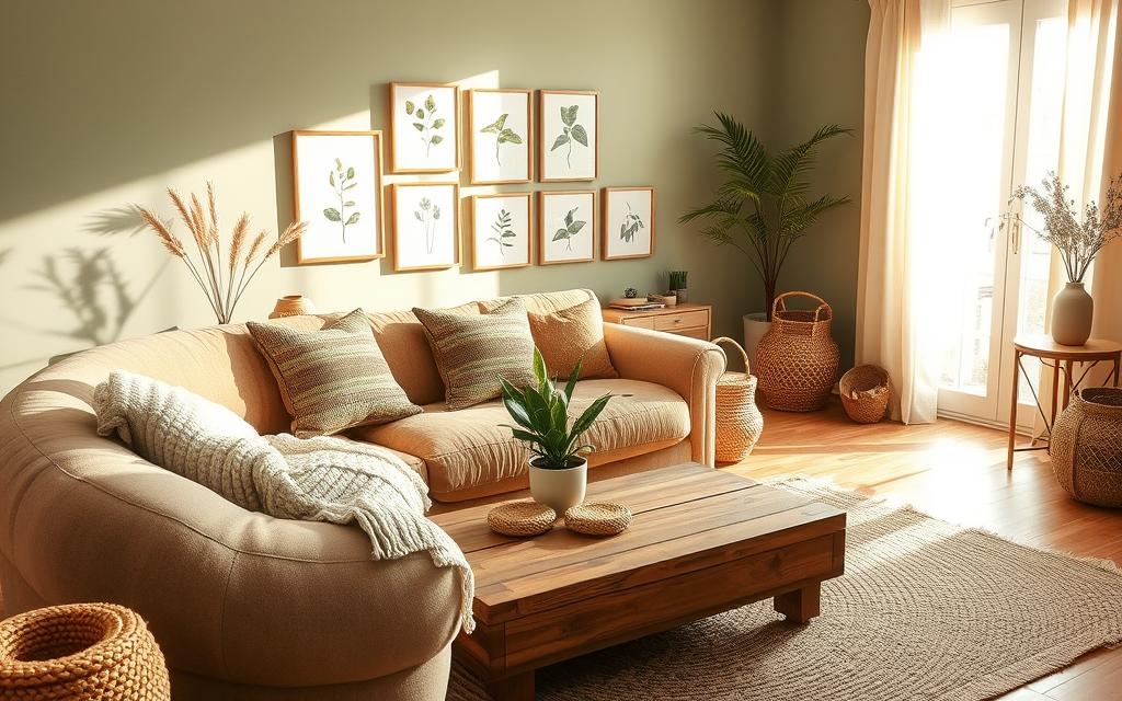 A cozy, sun-drenched living room with natural textures and earthy tones. In the foreground, a plush, organic-shaped sofa with handwoven throw pillows and a knitted blanket. Mid-ground, a low wooden coffee table adorned with a potted plant and straw coasters. Behind, a large window floods the space with warm, diffused light, illuminating a gallery wall of framed botanical prints. The walls are painted in a soft, muted green hue, complemented by woven baskets, a rattan side table, and a jute area rug. The overall atmosphere is one of sustainable, minimalist elegance, creating a tranquil and inviting ambiance.