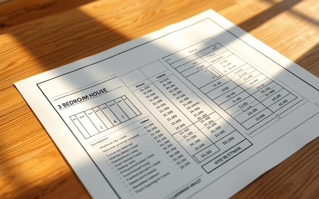 A neatly organized construction blueprint laid out on a wooden table, showcasing detailed cost estimates for building a 3-bedroom house. The blueprint features precise measurements, material lists, and cost breakdowns per square meter. Warm, natural lighting casts soft shadows, creating a sense of professionalism and attention to detail. The scene exudes an atmosphere of careful planning and financial diligence, with the goal of providing a comprehensive visual guide for budgeting a residential construction project. A neatly organized construction blueprint laid out on a wooden table, showcasing detailed cost estimates for building a 3-bedroom house. The blueprint features precise measurements, material lists, and cost breakdowns per square meter. Warm, natural lighting casts soft shadows, creating a sense of professionalism and attention to detail. The scene exudes an atmosphere of careful planning and financial diligence, with the goal of providing a comprehensive visual guide for budgeting a residential construction project.