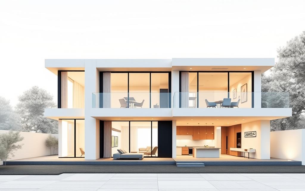 A sleek, modern residential architectural design blueprint, showcasing a harmonious blend of clean lines, expansive windows, and a sophisticated color palette. The minimalist façade is illuminated by soft, natural lighting, casting gentle shadows that accentuate the architectural details. The layout features an open-concept floor plan, with a spacious living area, a well-equipped kitchen, and seamless indoor-outdoor connectivity. The blueprint highlights efficient use of space, optimal flow, and a keen eye for aesthetic balance, reflecting the key factors that influence the cost of construction for a high-quality, energy-efficient home. A sleek, modern residential architectural design blueprint, showcasing a harmonious blend of clean lines, expansive windows, and a sophisticated color palette. The minimalist façade is illuminated by soft, natural lighting, casting gentle shadows that accentuate the architectural details. The layout features an open-concept floor plan, with a spacious living area, a well-equipped kitchen, and seamless indoor-outdoor connectivity. The blueprint highlights efficient use of space, optimal flow, and a keen eye for aesthetic balance, reflecting the key factors that influence the cost of construction for a high-quality, energy-efficient home.