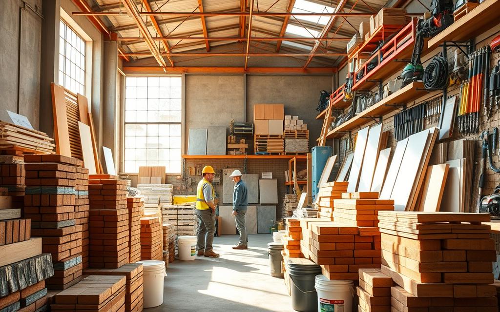 A vibrant construction materials store with an array of economical building supplies. The foreground features stacks of bricks, timber beams, and buckets of cement, all neatly organized. In the middle ground, workers browse the shelves, examining tiles and insulation panels. Sunlight streams in through large windows, casting a warm glow over the scene. The background showcases a variety of hardware tools and power equipment, hinting at the versatility of the inventory. The overall atmosphere conveys a sense of practicality and accessibility, reflecting the affordable and practical nature of the materials on offer. como economizar na construção de casas