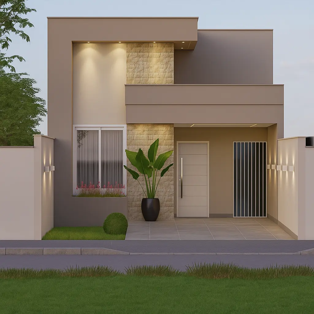 A cozy single-story house with a charming exterior, nestled on a 6-meter-wide lot. The front façade features a warm, earthy color palette with clean lines and a welcoming entryway. The middle ground showcases a well-manicured front yard with lush greenery and a paved walkway leading to the entrance. In the background, a tranquil suburban neighborhood sets the scene, with a soft, diffused lighting that creates a serene atmosphere. The overall composition conveys a sense of inviting domesticity and comfortable living, reflecting the "Casa Térrea em Terreno de 6m de Frente" subject and the "Características Essenciais da Planta com 2 Quartos e 1 Suíte" section title. "projeto de casa em terreno de 6 metros de frente" Casa Térrea em Terreno de 6 metros de Frente