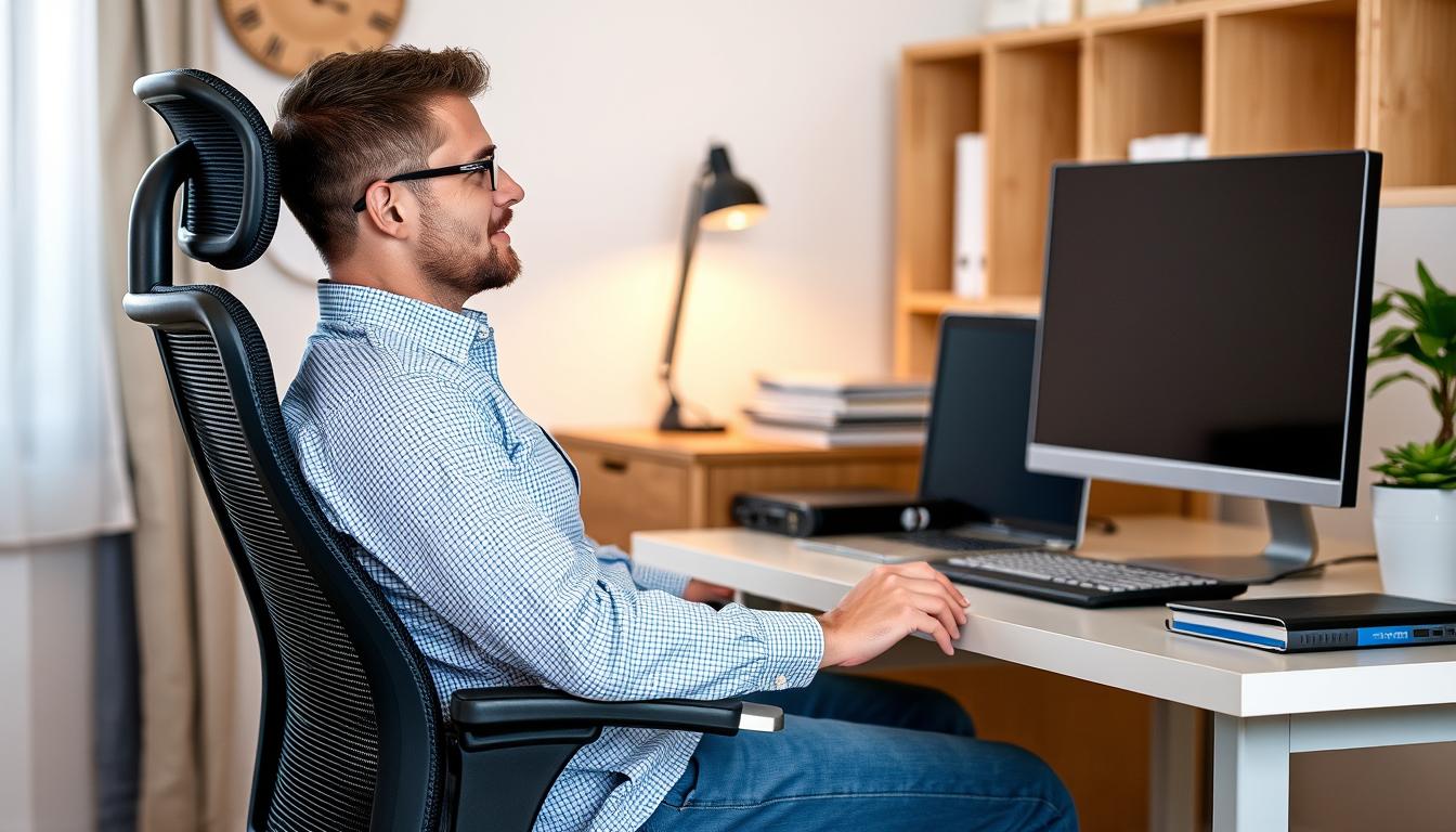Pessoa trabalhando confortavelmente em uma cadeira ergonômica em 2025