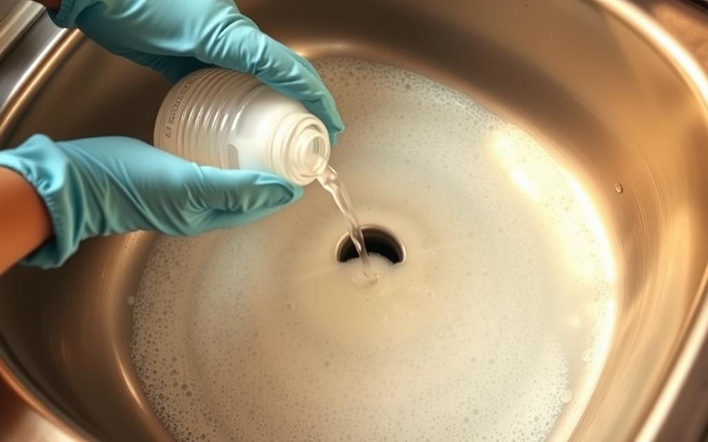 A kitchen sink filled with a fizzing, bubbling mixture of baking soda and white vinegar. The liquid effervesces and overflows, spilling onto the shiny stainless steel basin. Gloved hands carefully monitor the reaction, ready to flush the drain with hot water. Soft, warm lighting from above illuminates the scene, creating a cozy, domestic atmosphere. The image conveys the simple, effective solution of using common household ingredients to unclog a stubborn drain, reflecting the article's focus on an accessible, DIY approach to maintaining a clean kitchen. A kitchen sink filled with a fizzing, bubbling mixture of baking soda and white vinegar. The liquid effervesces and overflows, spilling onto the shiny stainless steel basin. Gloved hands carefully monitor the reaction, ready to flush the drain with hot water. Soft, warm lighting from above illuminates the scene, creating a cozy, domestic atmosphere. The image conveys the simple, effective solution of using common household ingredients to unclog a stubborn drain, reflecting the article's focus on an accessible, DIY approach to maintaining a clean kitchen.